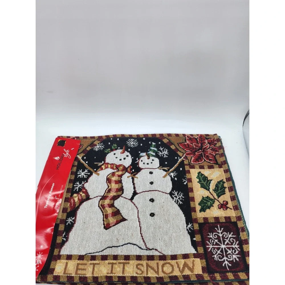 Holiday Style Tapestry Runner Let It Snow Snowman Christmas Decor 13x70 Red Gold